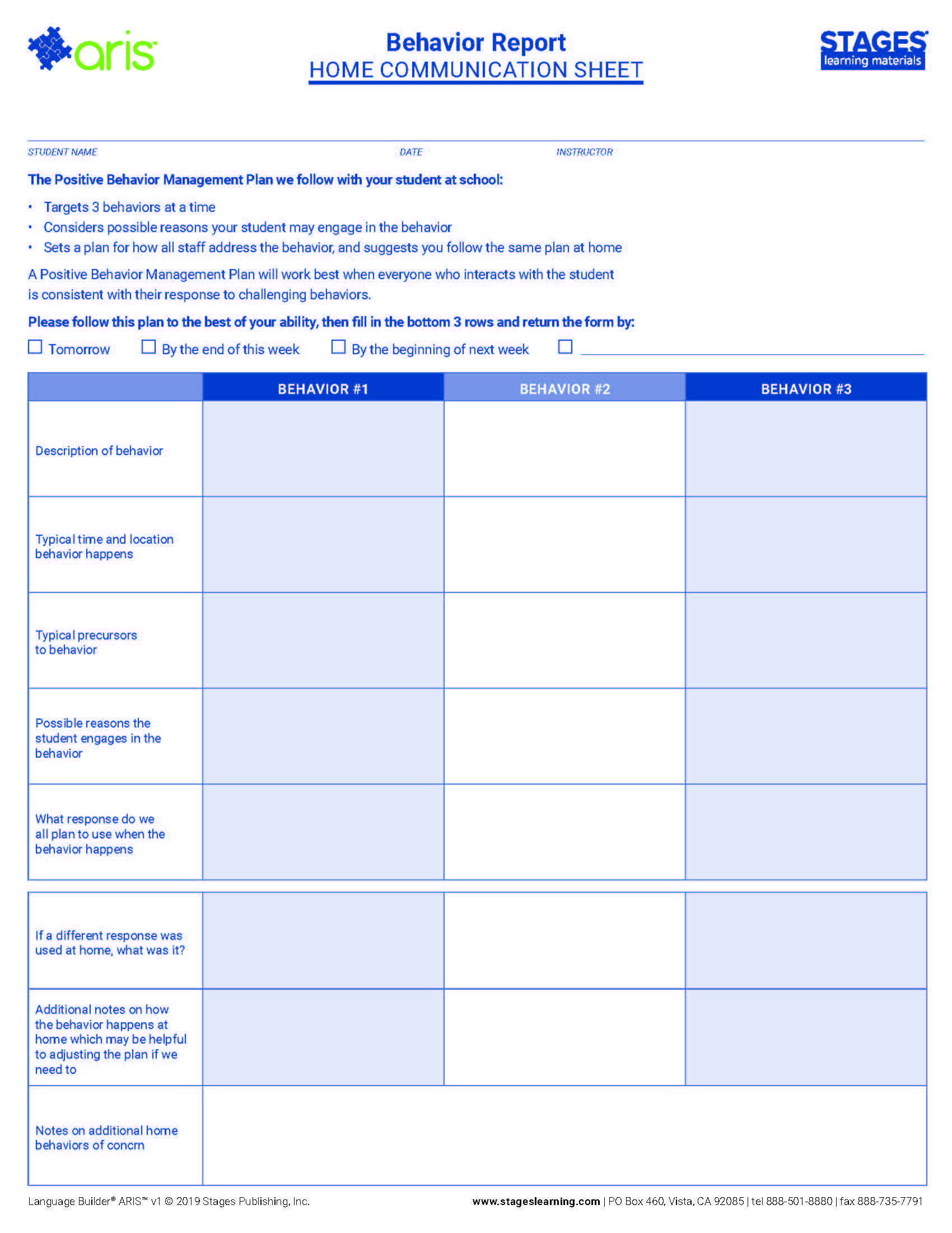 Behavior Report Home Communication Sheet