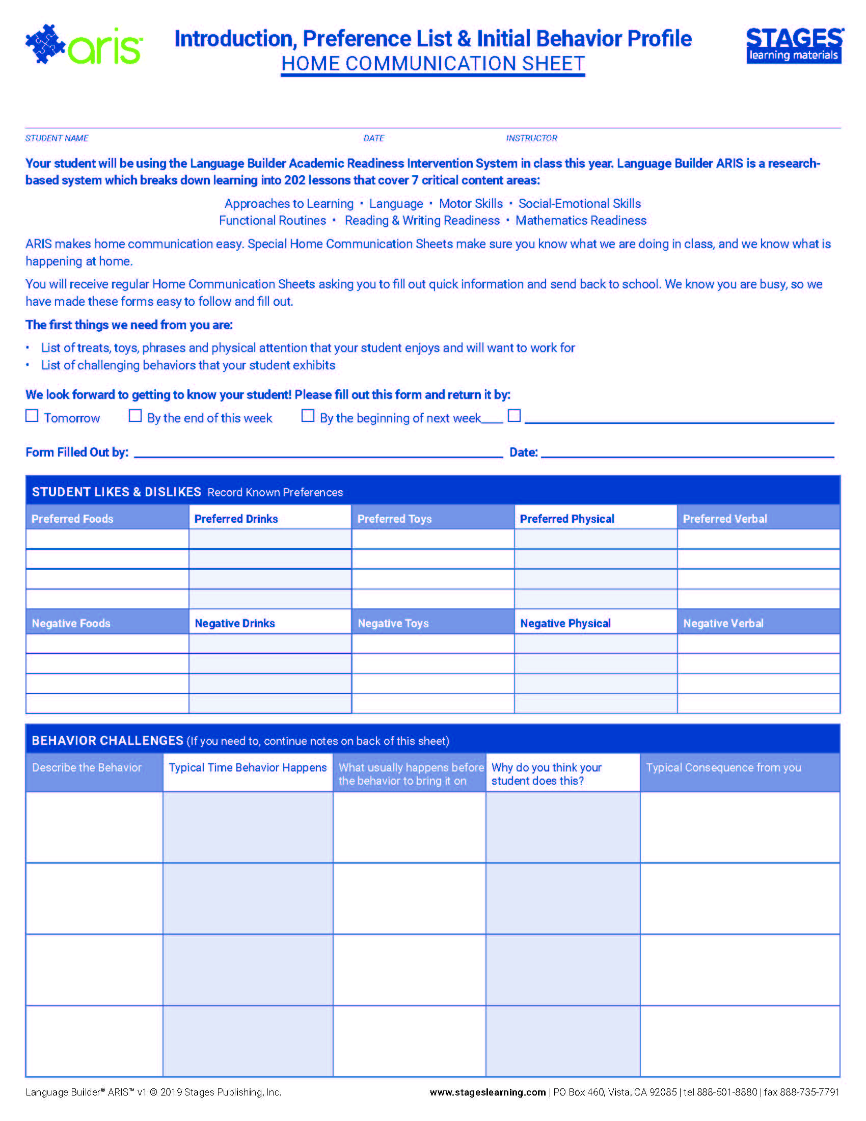 Picture of introduction Home Communication Sheet