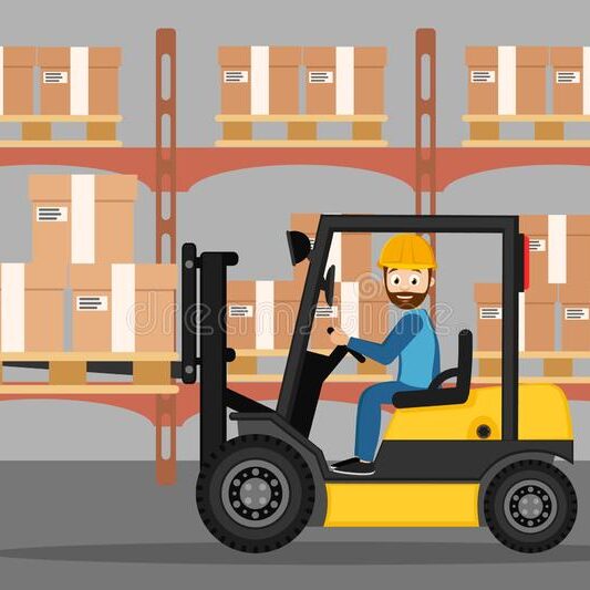 Cartoon image of forklift and driver